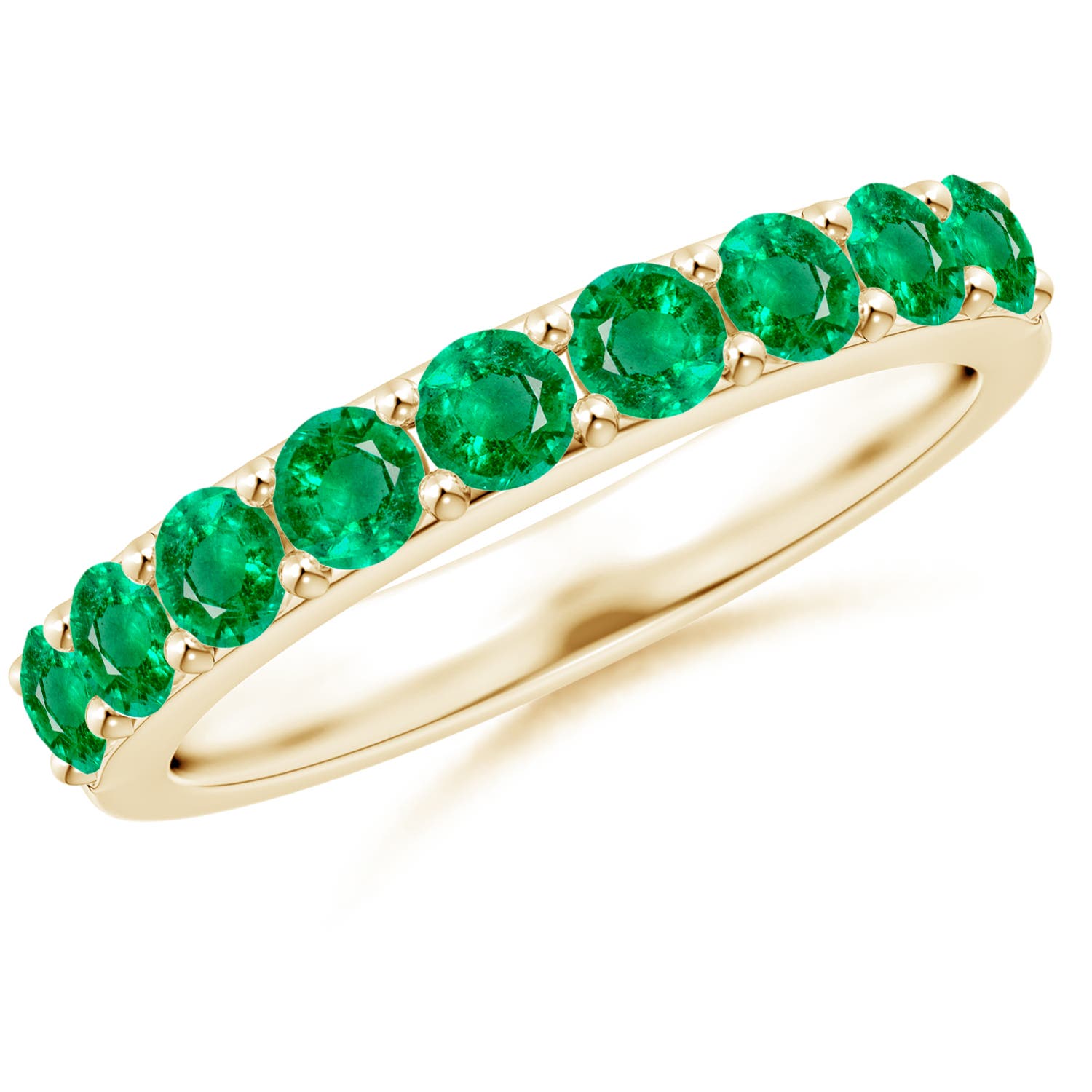 3mm AAA Prong Set Half Eternity Round Emerald Wedding Ring in Yellow Gold