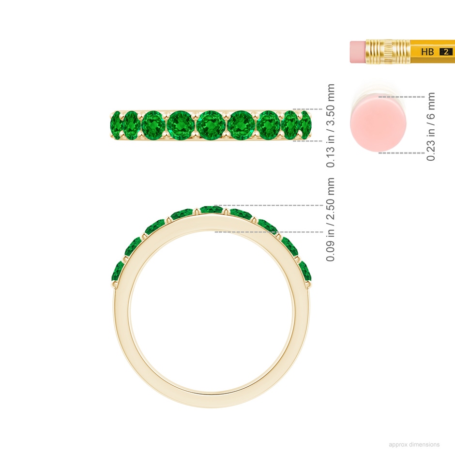 3mm AAAA Prong Set Half Eternity Round Emerald Wedding Ring in 18K Yellow Gold ruler