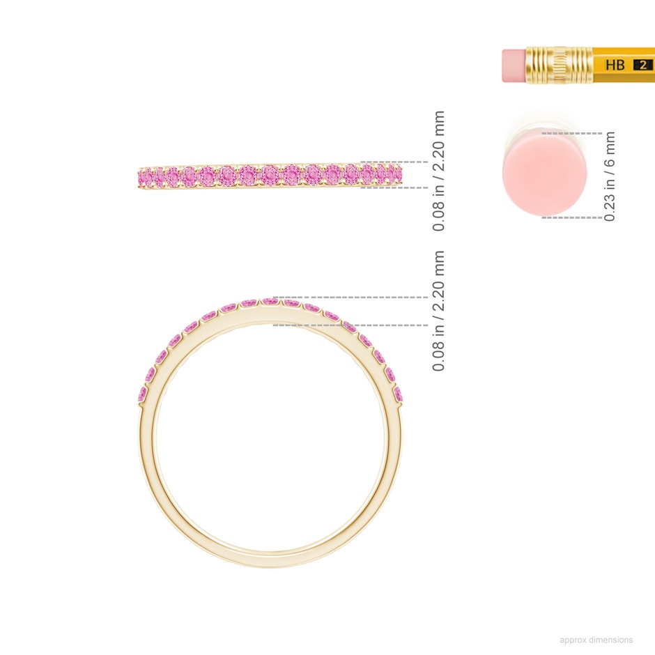 1.5mm A Prong Set Half Eternity Round Pink Sapphire Wedding Ring in 18K Yellow Gold ruler