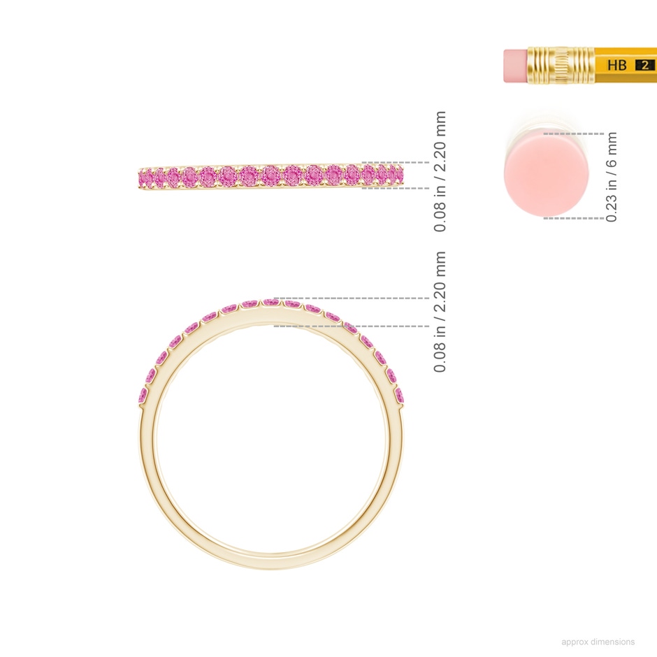 1.5mm AA Prong Set Half Eternity Round Pink Sapphire Wedding Ring in Yellow Gold ruler