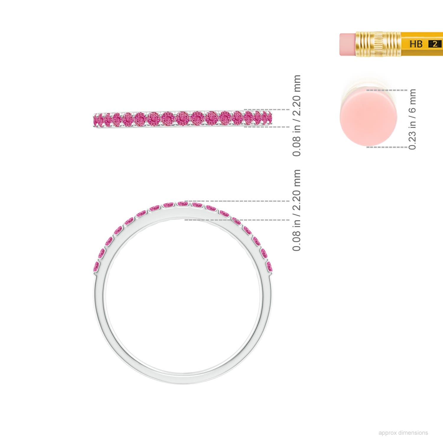 1.5mm AAA Prong Set Half Eternity Round Pink Sapphire Wedding Ring in 18CT White Gold - ruler