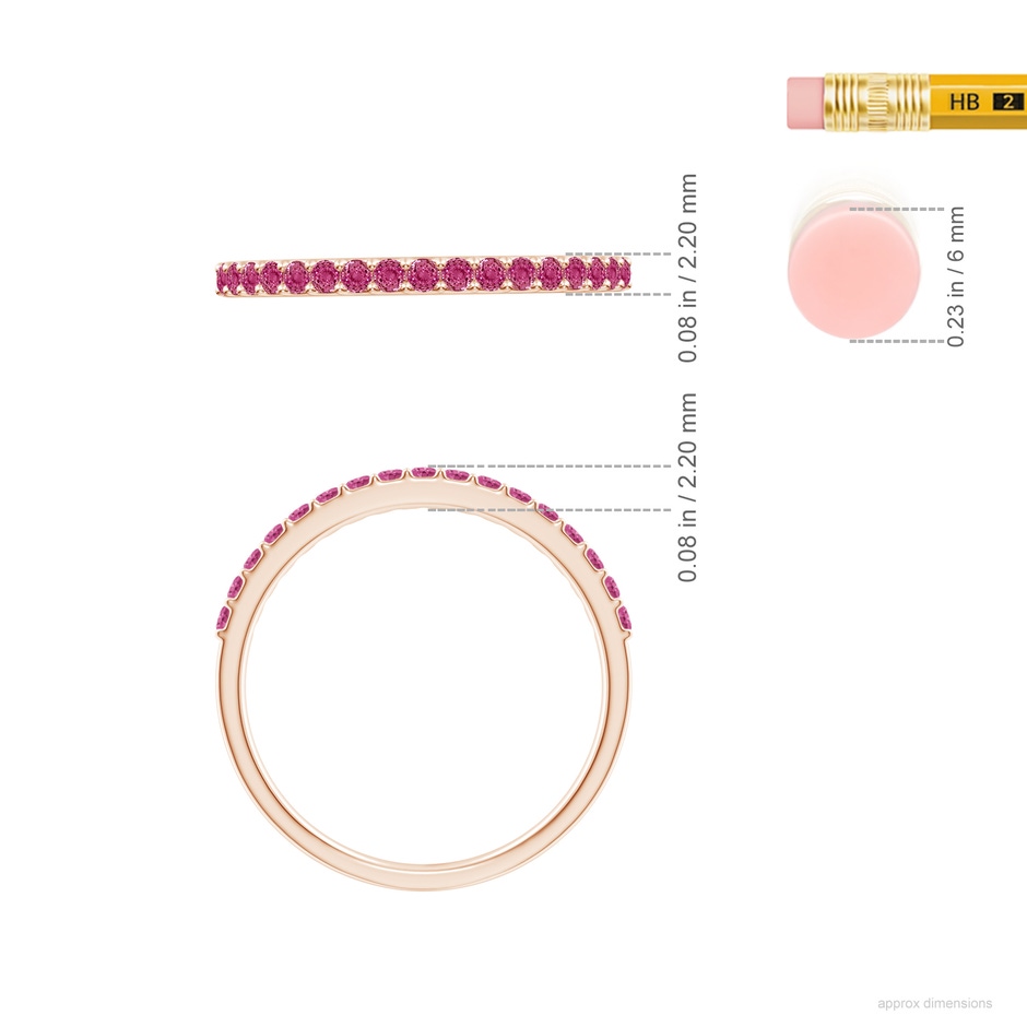 1.5mm AAAA Prong Set Half Eternity Round Pink Sapphire Wedding Ring in Rose Gold ruler