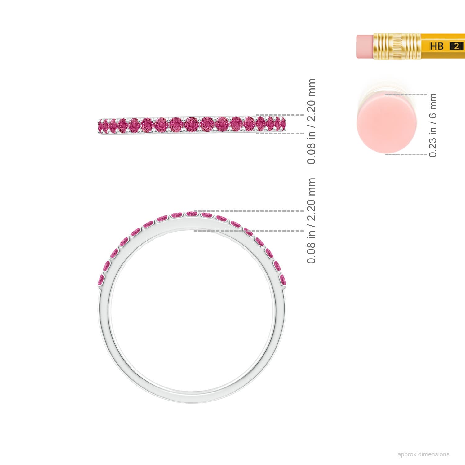 1.5mm AAAA Prong Set Half Eternity Round Pink Sapphire Wedding Ring in White Gold - ruler