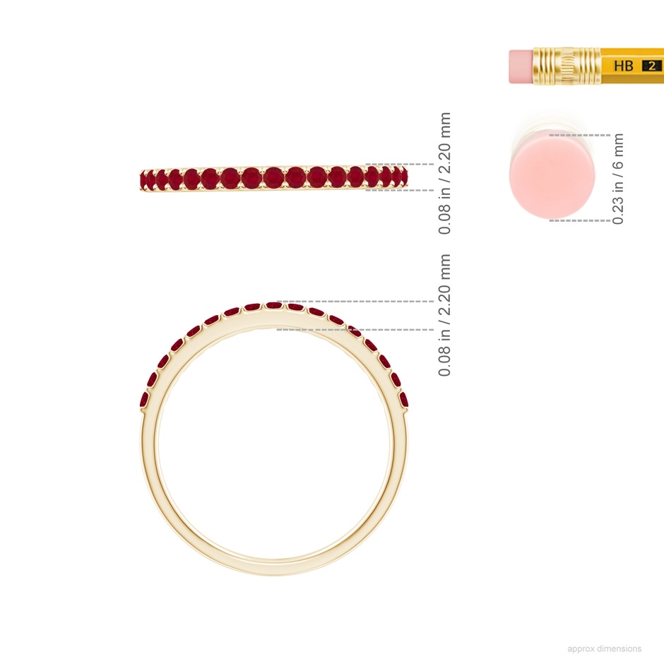 1.5mm AA Prong Set Half Eternity Round Ruby Wedding Ring in Yellow Gold ruler
