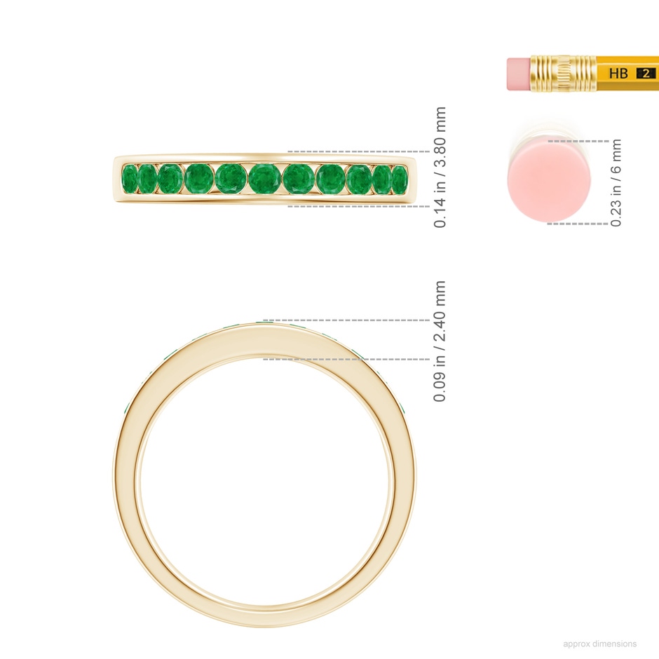 2.1mm AA Channel Set Half Eternity Emerald Wedding Ring in 18K Yellow Gold ruler