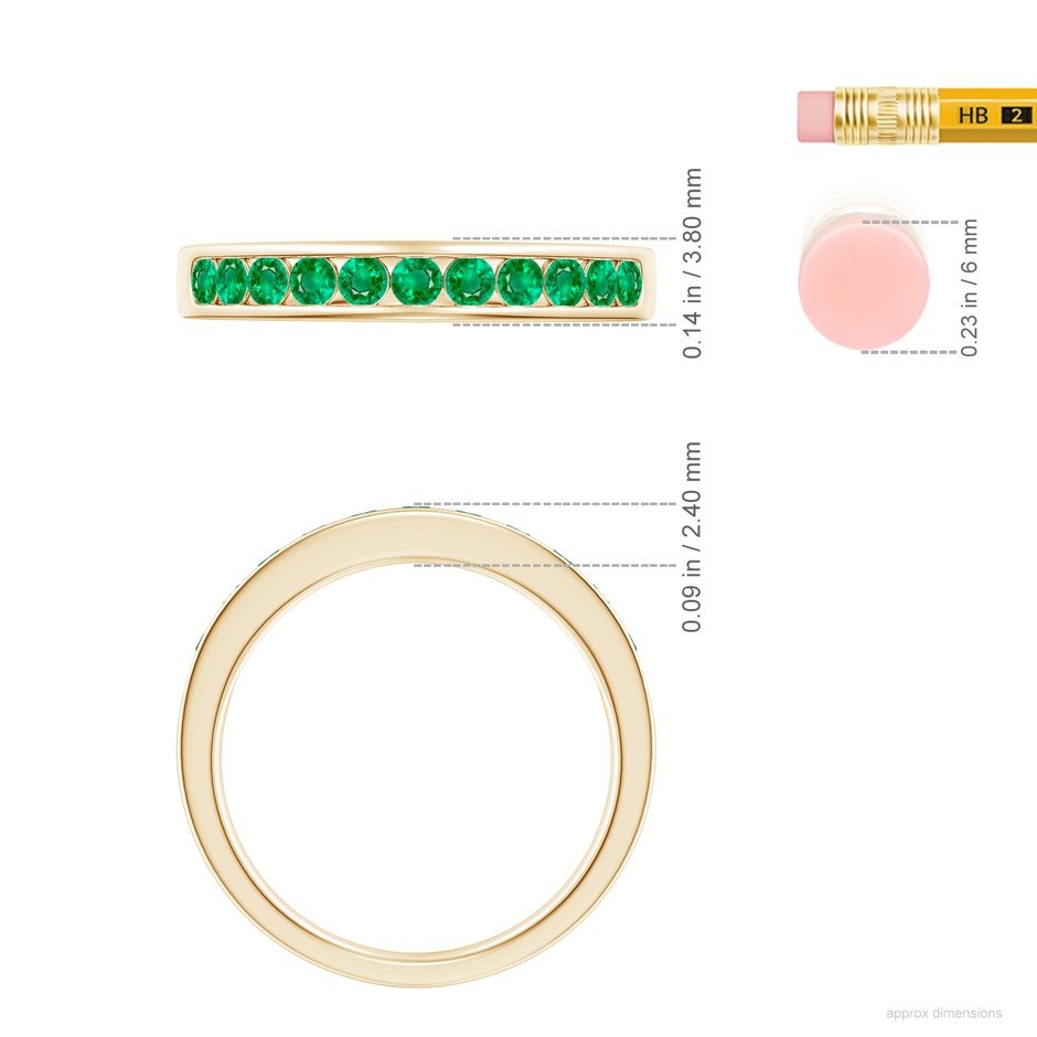 2.1mm AAA Channel Set Half Eternity Emerald Wedding Ring in Yellow Gold ruler
