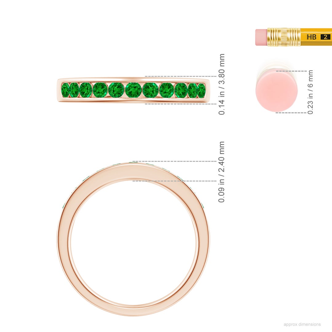2.1mm AAAA Channel Set Half Eternity Emerald Wedding Ring in Rose Gold - ruler
