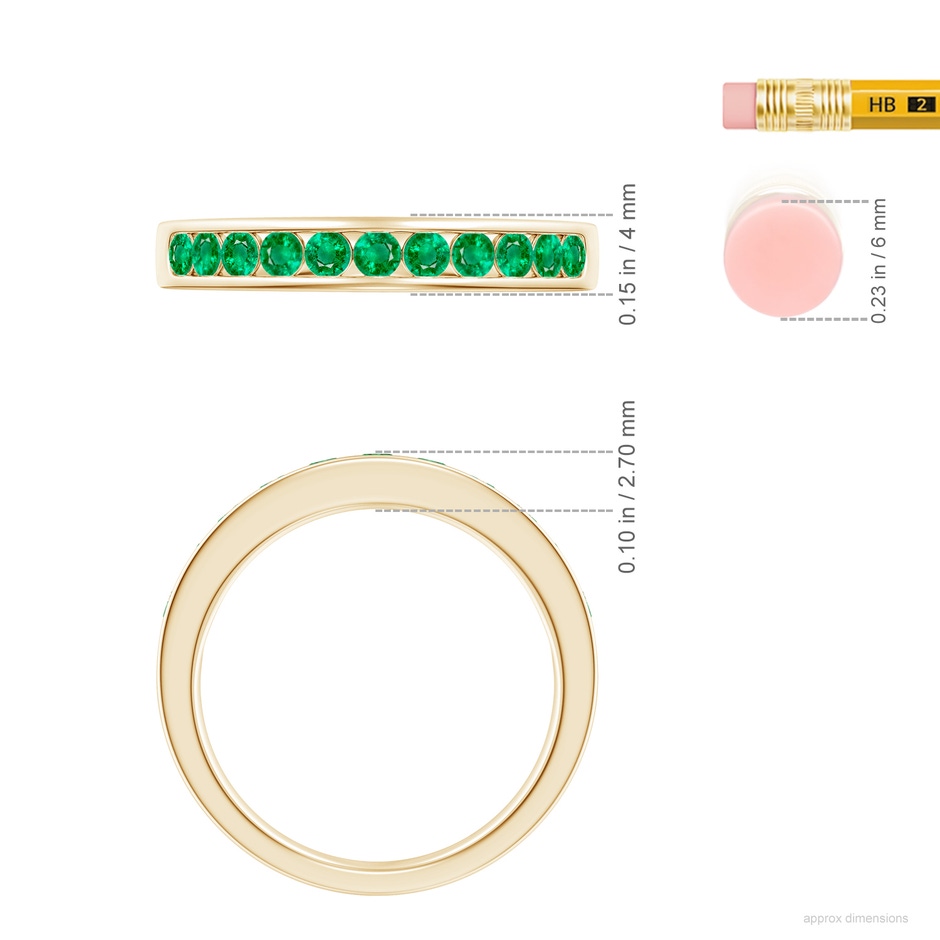 2.5mm AAA Channel Set Half Eternity Emerald Wedding Ring in Yellow Gold ruler
