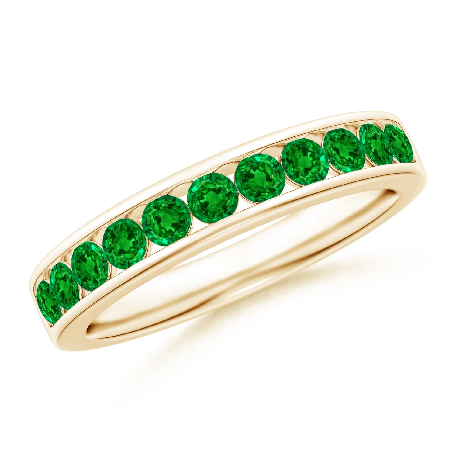 2.5mm AAAA Channel Set Half Eternity Emerald Wedding Ring in Yellow Gold
