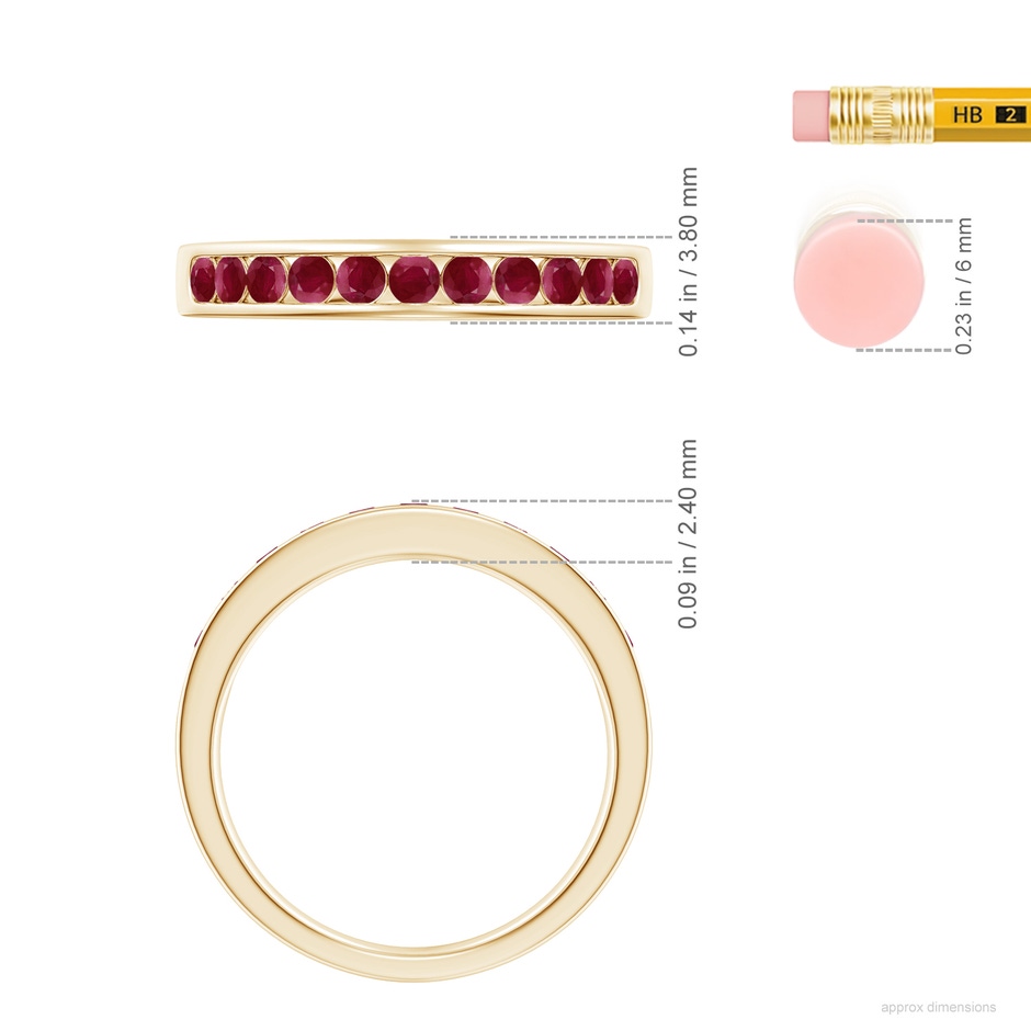 2.1mm A Channel Set Half Eternity Ruby Wedding Ring in Yellow Gold ruler