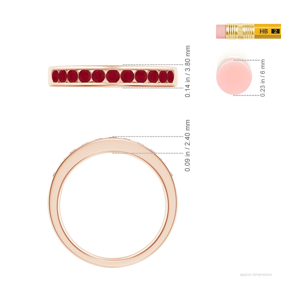 2.1mm AA Channel Set Half Eternity Ruby Wedding Ring in 9K Rose Gold ruler