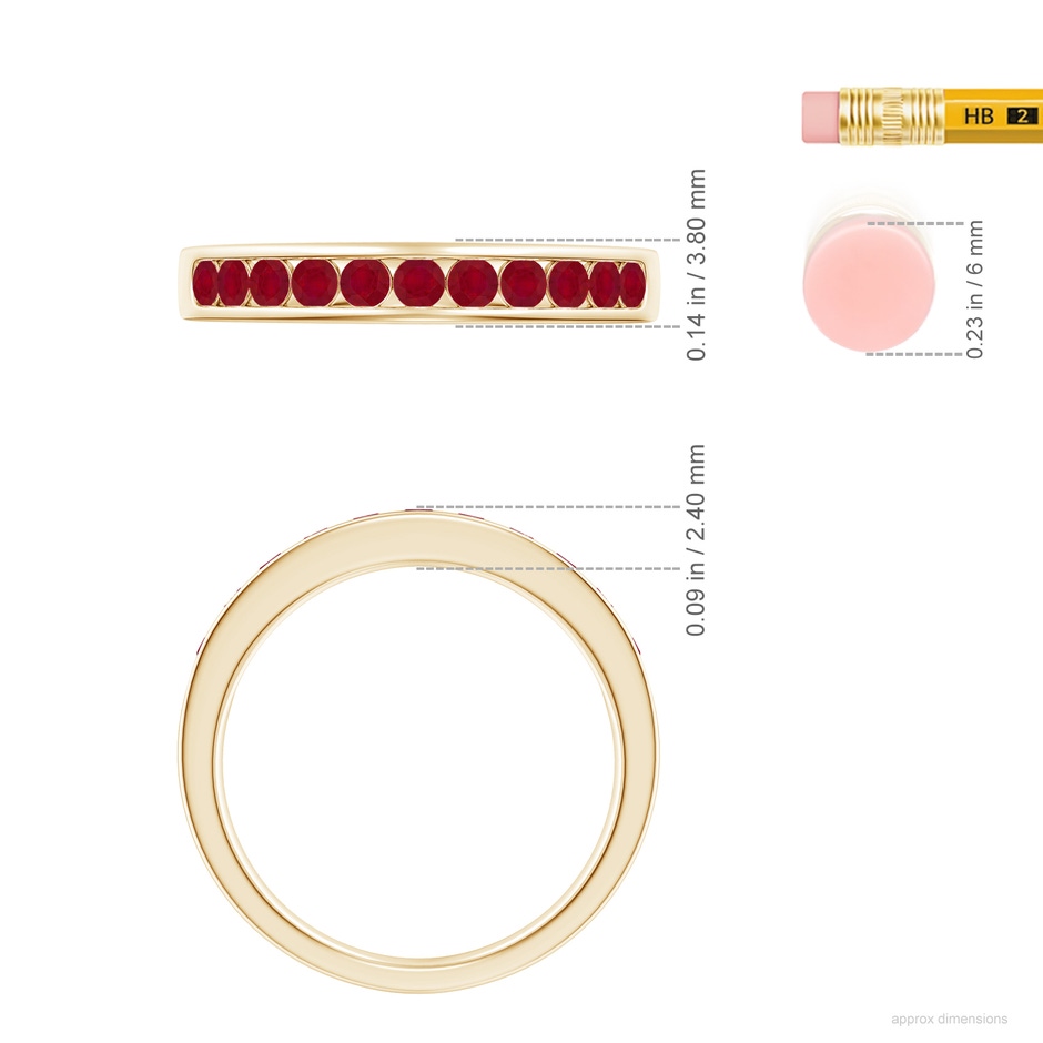 2.1mm AA Channel Set Half Eternity Ruby Wedding Ring in Yellow Gold ruler