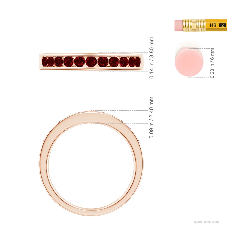2.1mm AAAA Channel Set Half Eternity Ruby Wedding Ring in 18K Rose Gold ruler