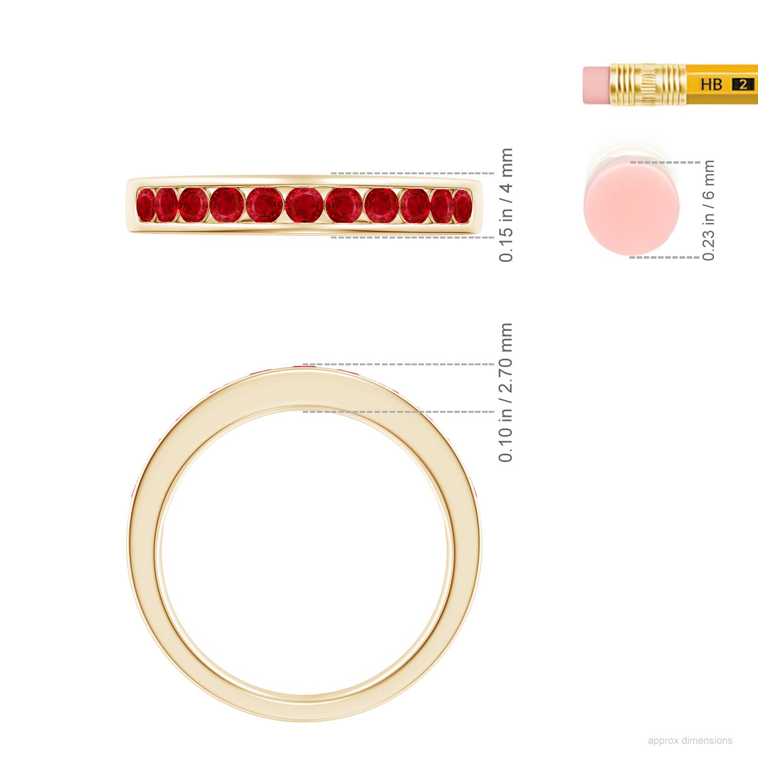 2.5mm AAA Channel Set Half Eternity Ruby Wedding Ring in Yellow Gold - ruler