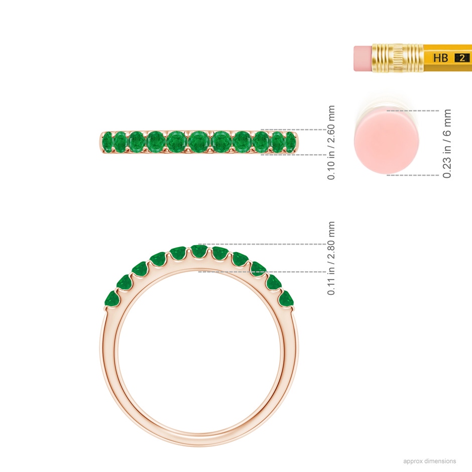 2.1mm AA Shared Prong Set Half Eternity Emerald Wedding Band in Rose Gold ruler