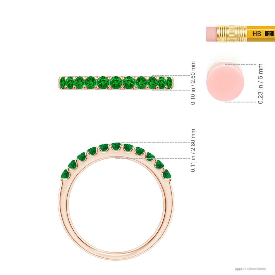 2.1mm AAAA Shared Prong Set Half Eternity Emerald Wedding Band in Rose Gold ruler