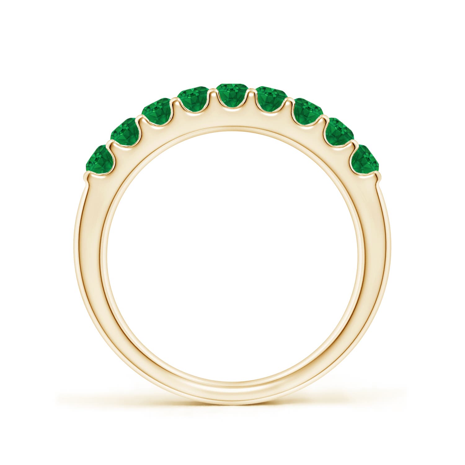 2.5mm AAA Shared Prong Set Half Eternity Emerald Wedding Band in Yellow Gold