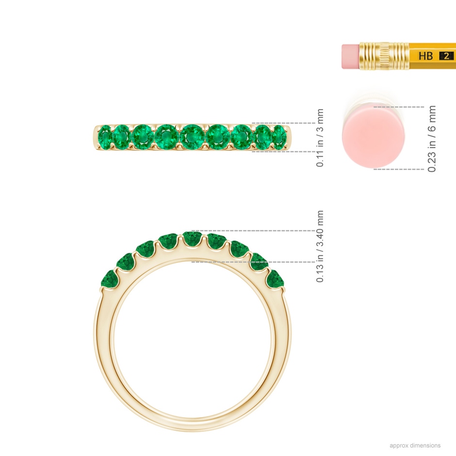 2.5mm AAA Shared Prong Set Half Eternity Emerald Wedding Band in Yellow Gold ruler