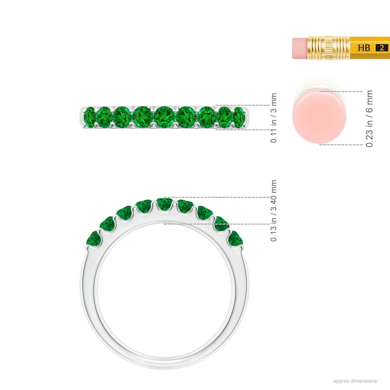 2.5mm AAAA Shared Prong Set Half Eternity Emerald Wedding Band in White Gold - ruler