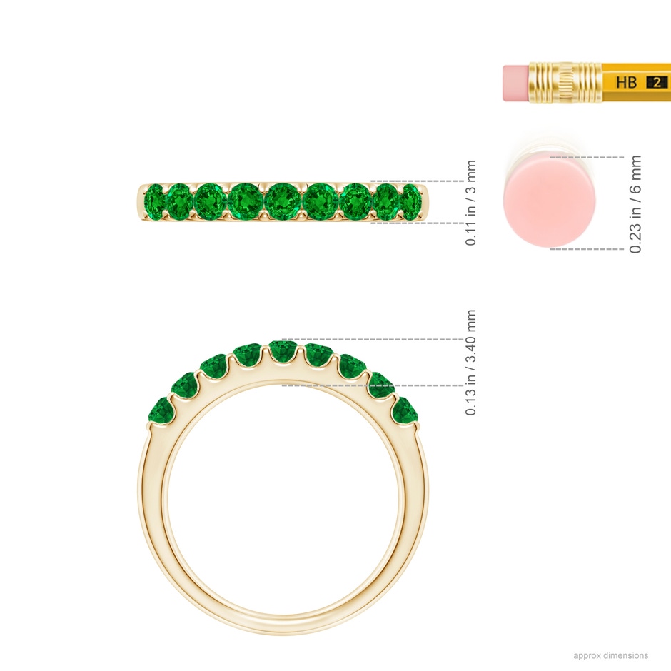 2.5mm AAAA Shared Prong Set Half Eternity Emerald Wedding Band in Yellow Gold ruler