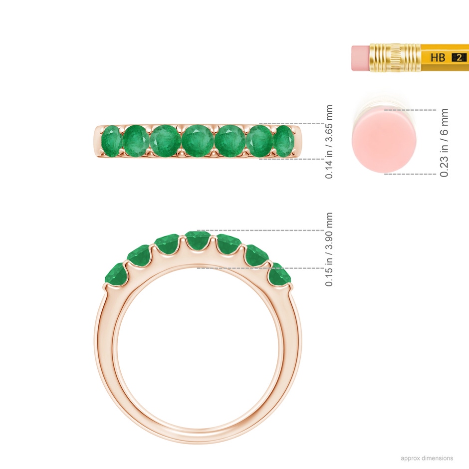 3.1mm A Shared Prong Set Half Eternity Emerald Wedding Band in Rose Gold ruler