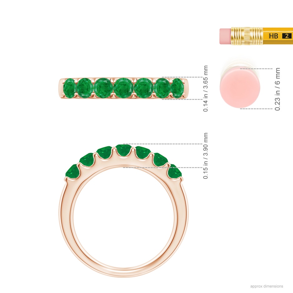 3.1mm AA Shared Prong Set Half Eternity Emerald Wedding Band in Rose Gold ruler