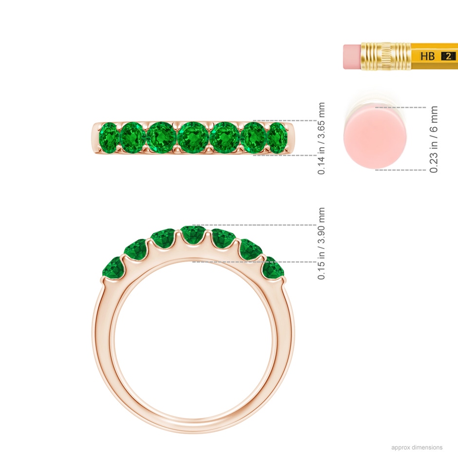 3.1mm AAAA Shared Prong Set Half Eternity Emerald Wedding Band in Rose Gold ruler