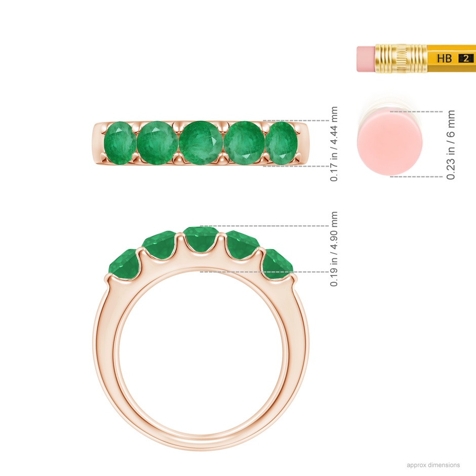 4.2mm A Shared Prong Set Half Eternity Emerald Wedding Band in Rose Gold ruler
