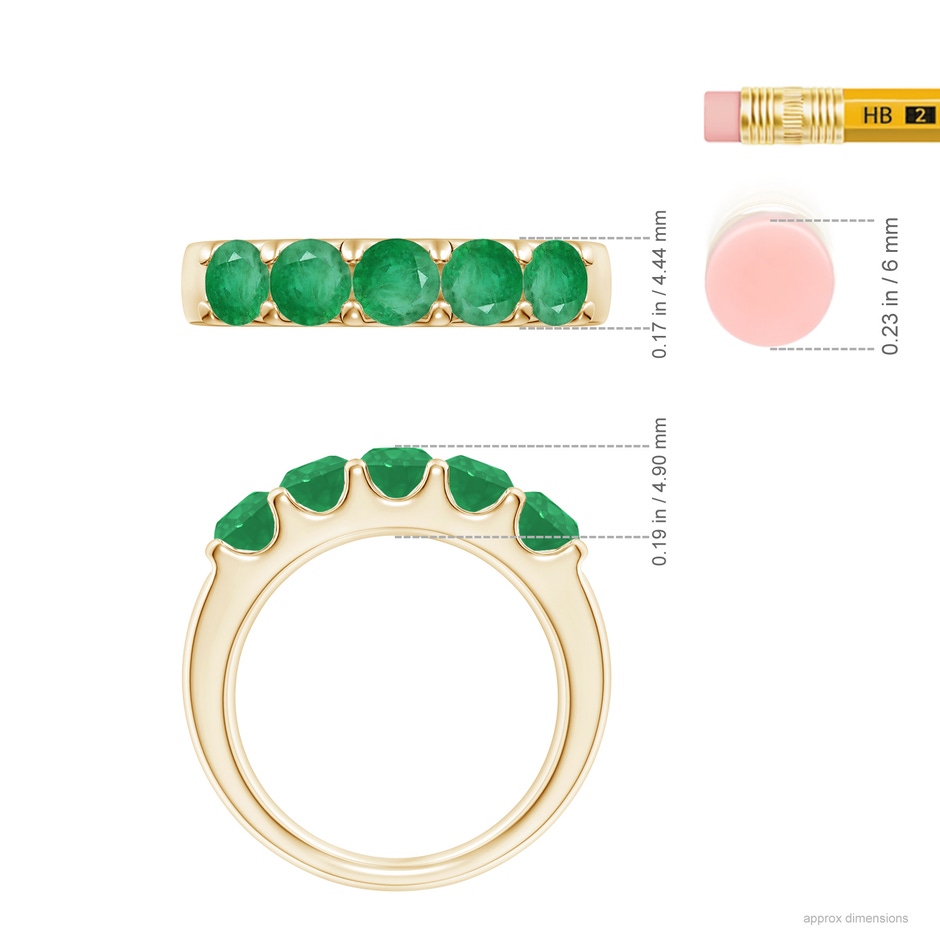 4.2mm A Shared Prong Set Half Eternity Emerald Wedding Band in Yellow Gold ruler