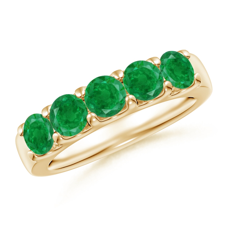 4.2mm AA Shared Prong Set Half Eternity Emerald Wedding Band in Yellow Gold 