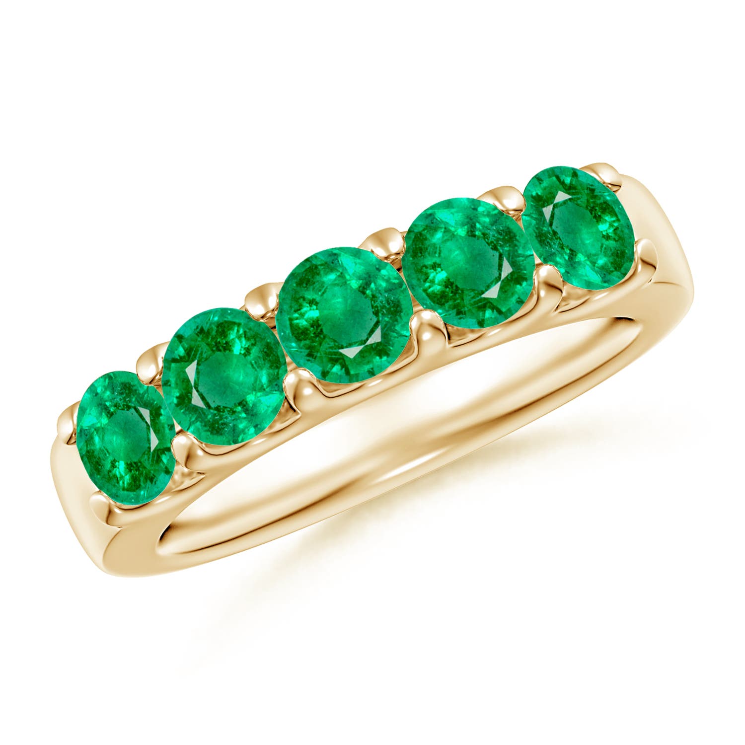 4.2mm AAA Shared Prong Set Half Eternity Emerald Wedding Band in Yellow Gold