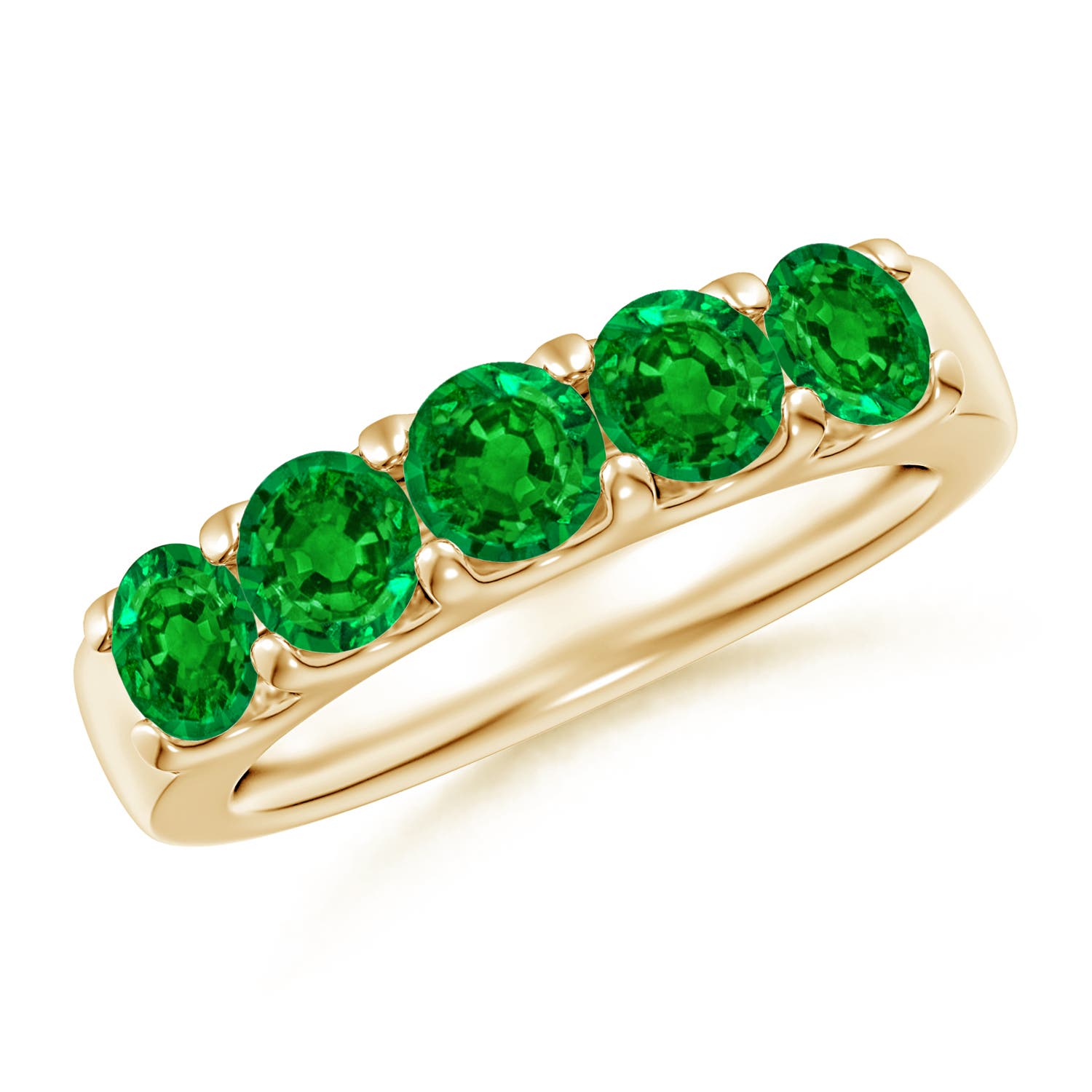 4.2mm AAAA Shared Prong Set Half Eternity Emerald Wedding Band in Yellow Gold