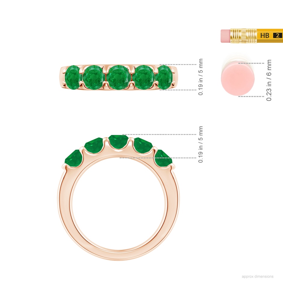 4.5mm AA Shared Prong Set Half Eternity Emerald Wedding Band in Rose Gold ruler