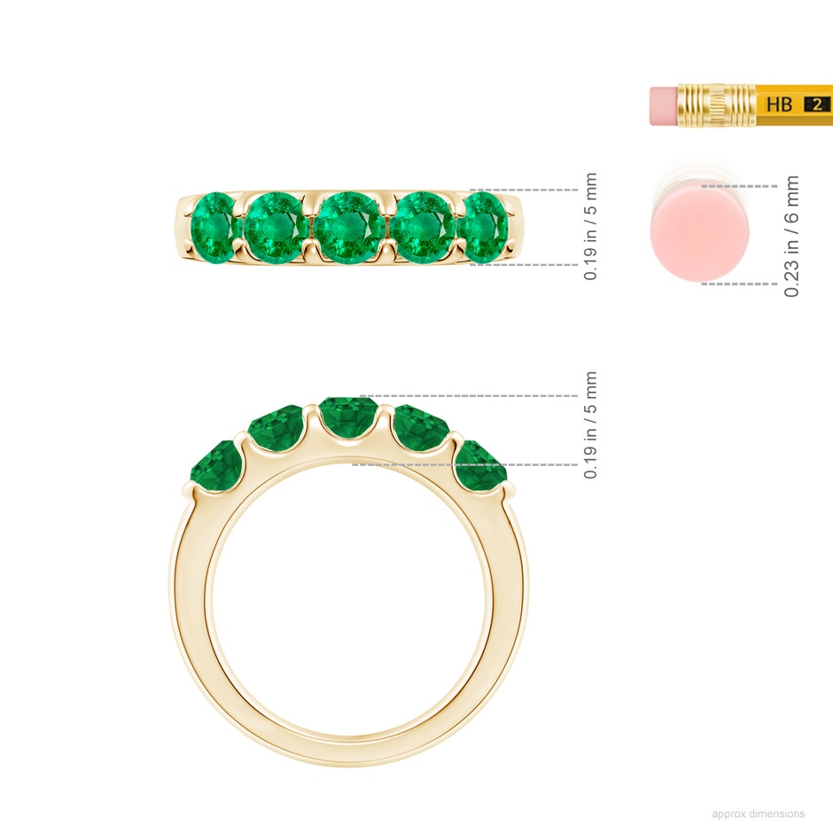 4.5mm AAA Shared Prong Set Half Eternity Emerald Wedding Band in Yellow Gold ruler