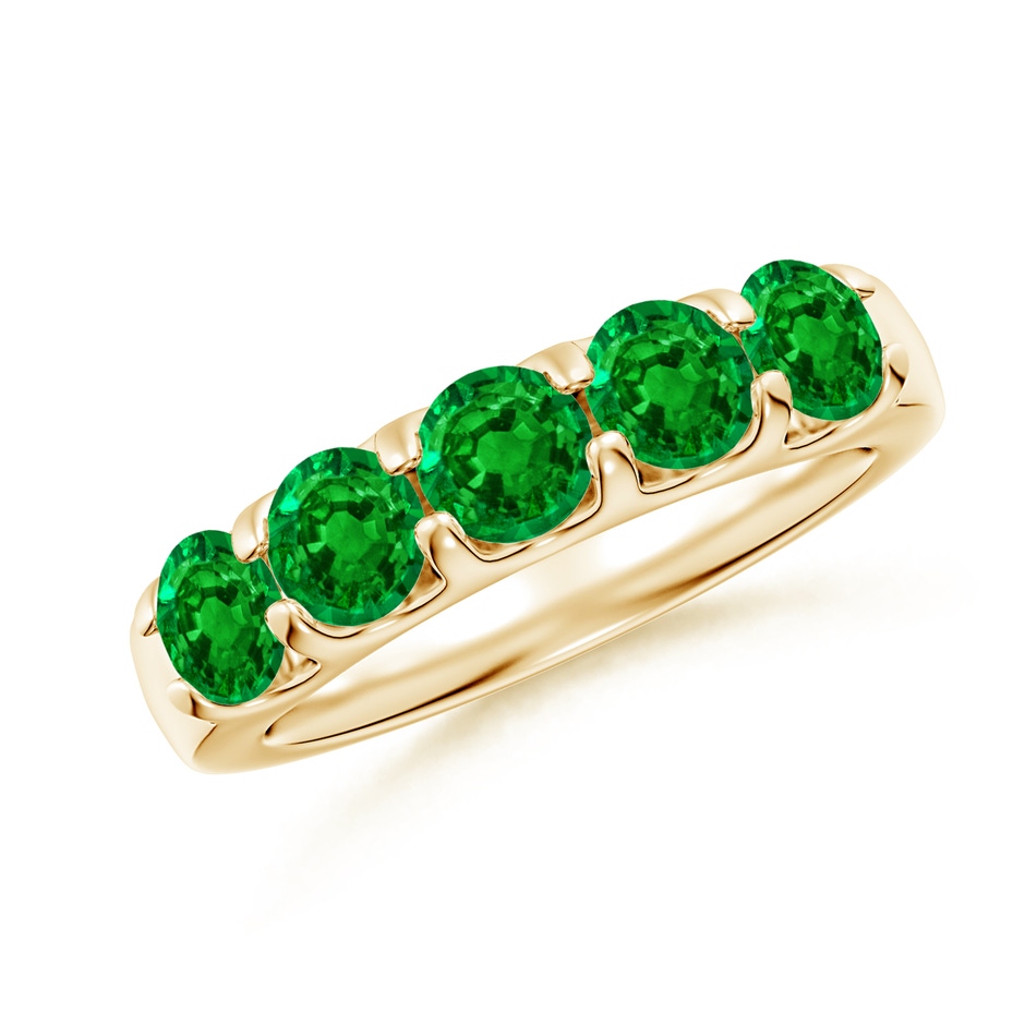 4.5mm AAAA Shared Prong Set Half Eternity Emerald Wedding Band in Yellow Gold 