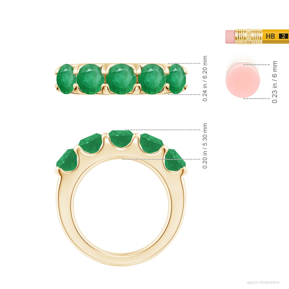 5.5mm A Shared Prong Set Half Eternity Emerald Wedding Band in Yellow Gold ruler