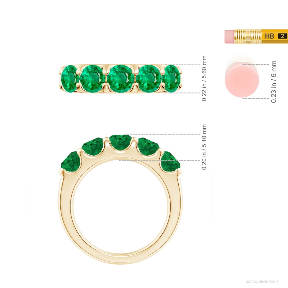 5mm AAA Shared Prong Set Half Eternity Emerald Wedding Band in Yellow Gold ruler