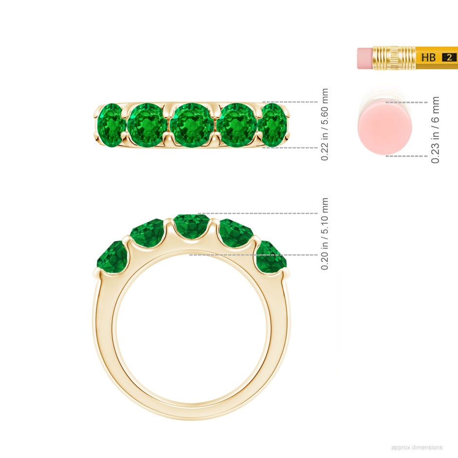 5mm AAAA Shared Prong Set Half Eternity Emerald Wedding Band in Yellow Gold ruler