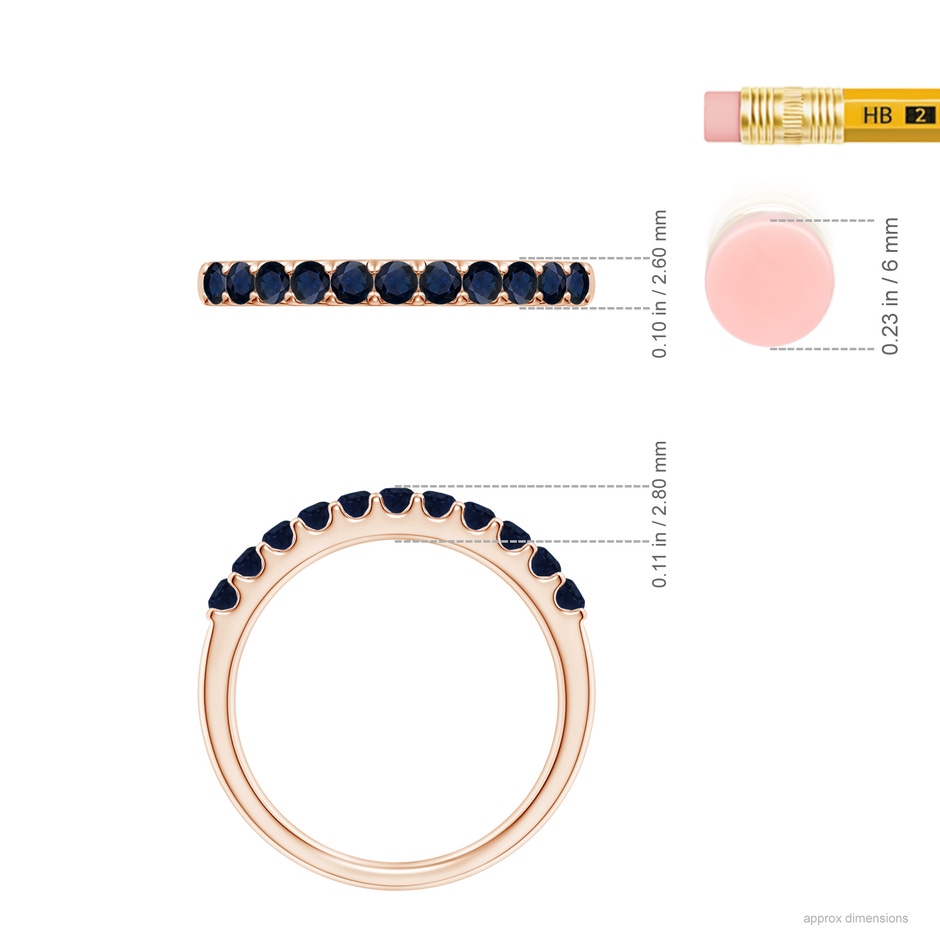 2.1mm A Shared Prong Set Half Eternity Sapphire Wedding Band in Rose Gold ruler