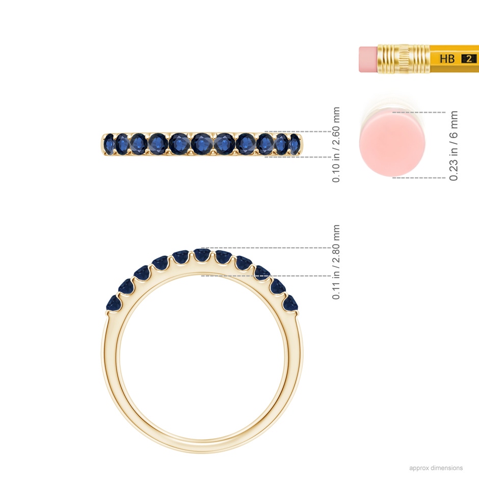 2.1mm AA Shared Prong Set Half Eternity Sapphire Wedding Band in Yellow Gold ruler