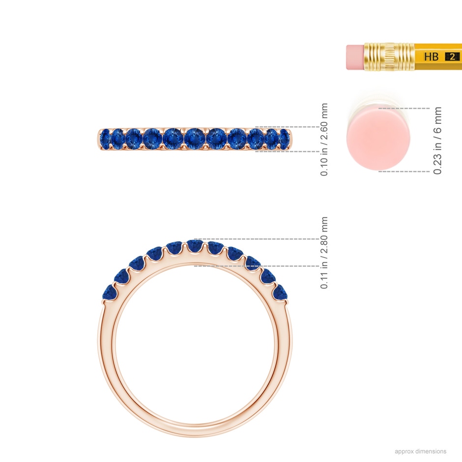 2.1mm AAA Shared Prong Set Half Eternity Sapphire Wedding Band in Rose Gold ruler