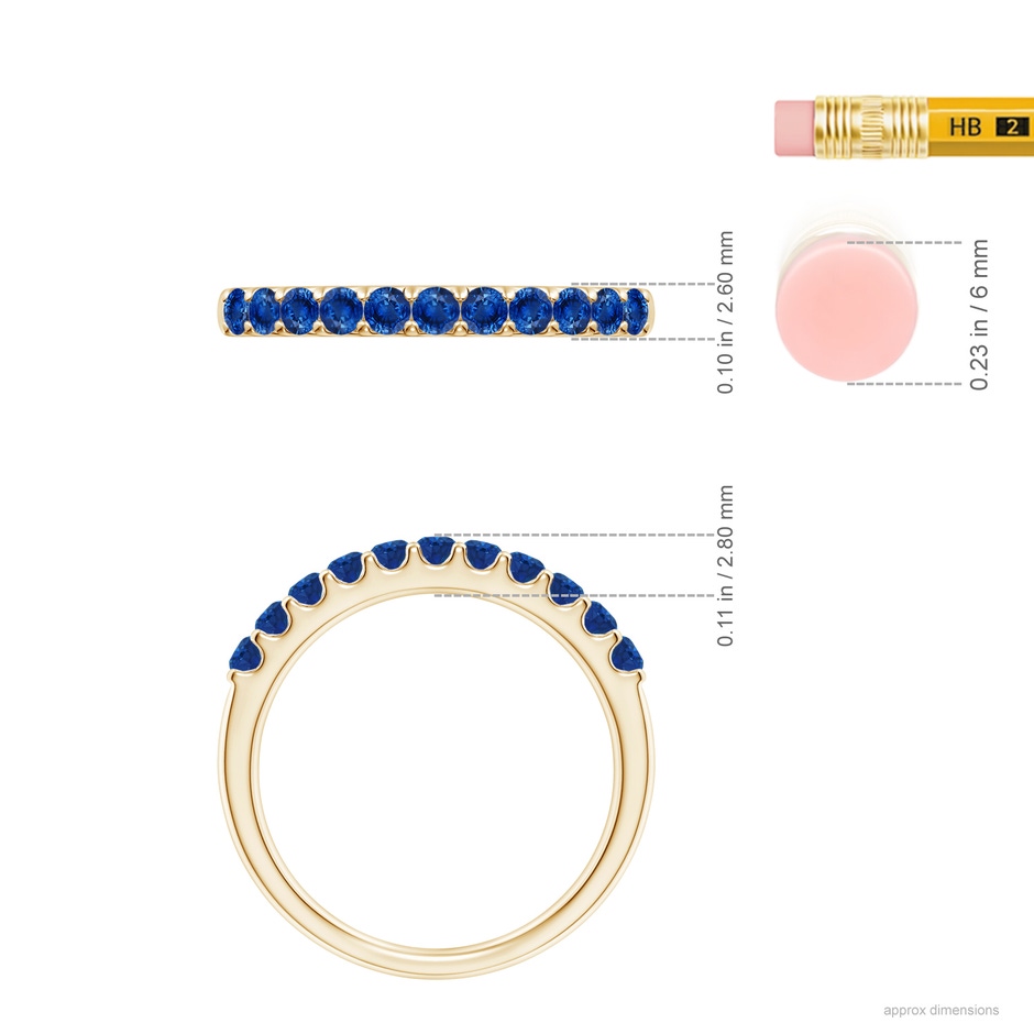 2.1mm AAA Shared Prong Set Half Eternity Sapphire Wedding Band in Yellow Gold ruler