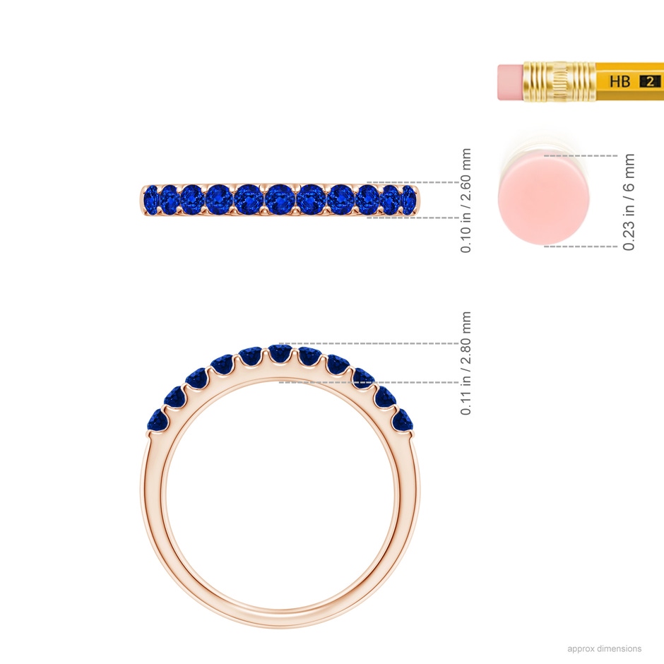 2.1mm AAAA Shared Prong Set Half Eternity Sapphire Wedding Band in Rose Gold ruler