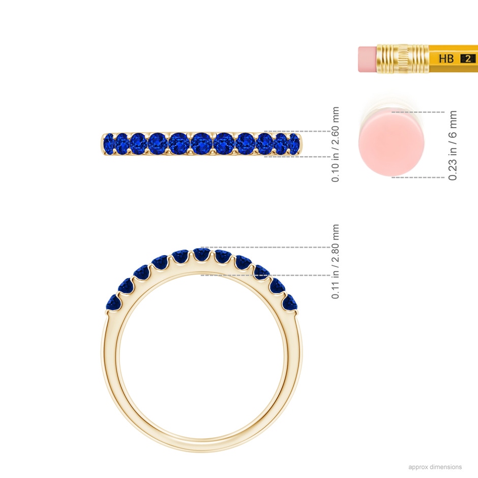 2.1mm AAAA Shared Prong Set Half Eternity Sapphire Wedding Band in Yellow Gold ruler