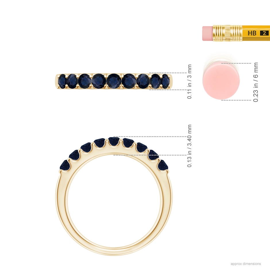 2.5mm A Shared Prong Set Half Eternity Sapphire Wedding Band in Yellow Gold ruler