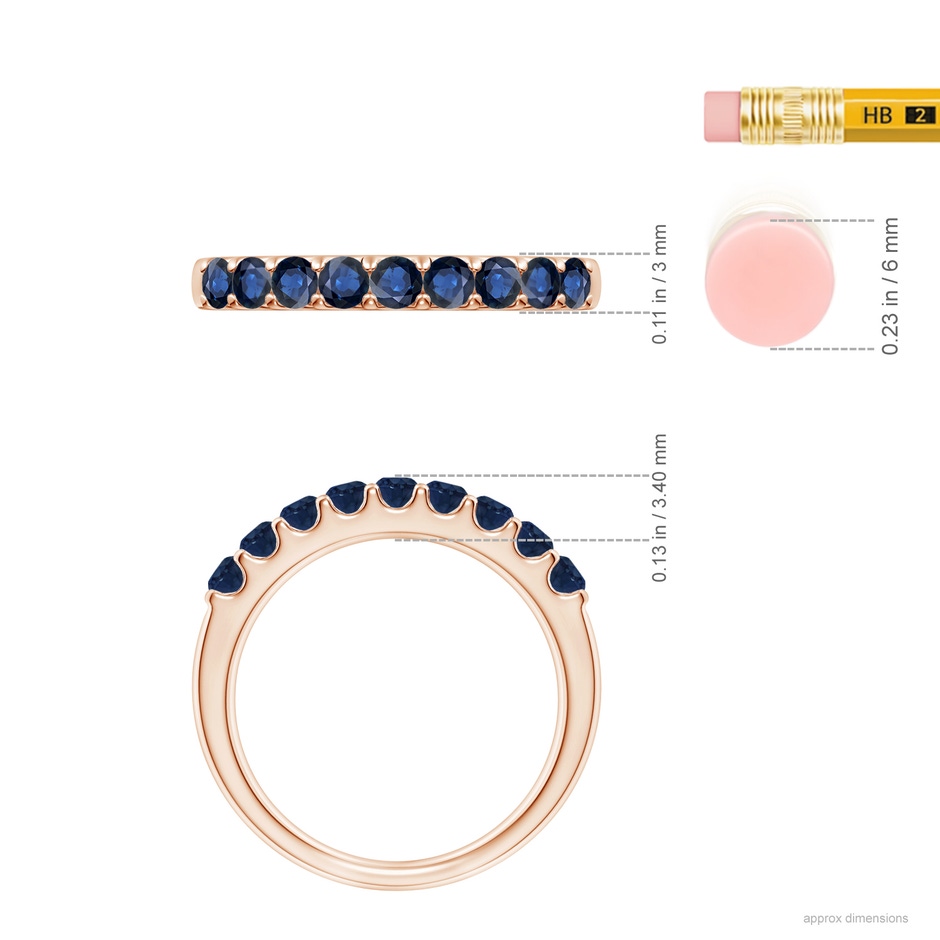 2.5mm AA Shared Prong Set Half Eternity Sapphire Wedding Band in Rose Gold ruler