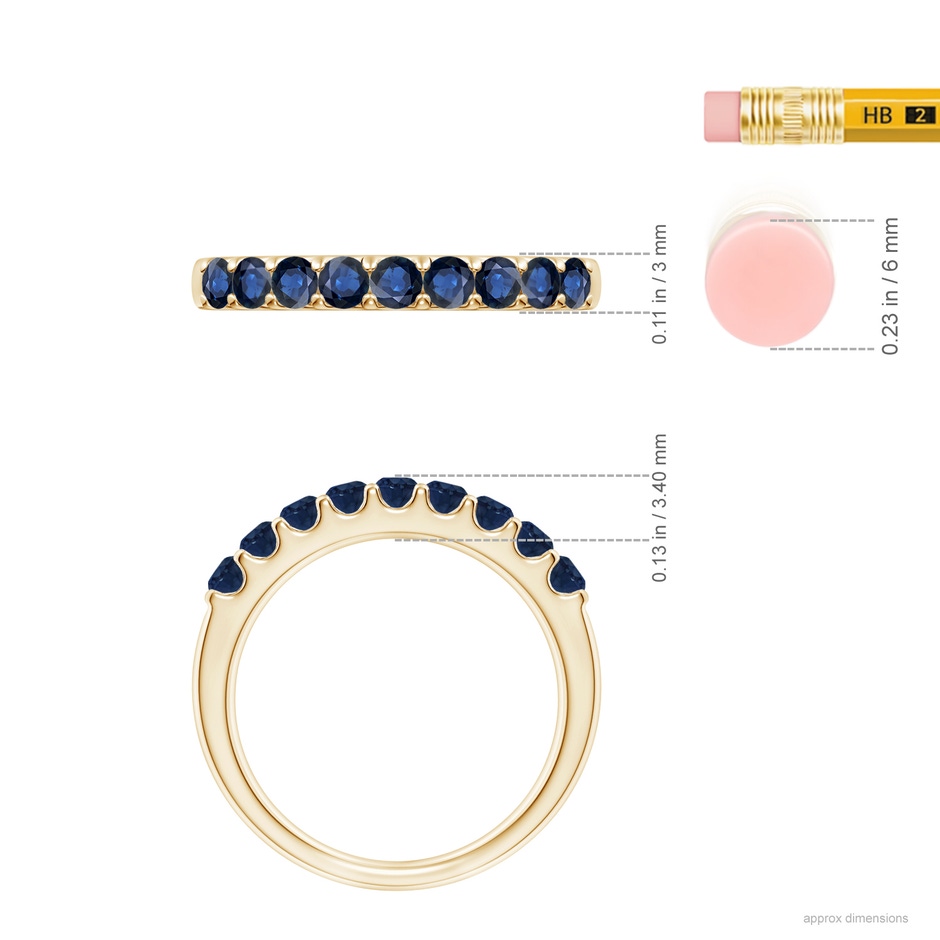 2.5mm AA Shared Prong Set Half Eternity Sapphire Wedding Band in Yellow Gold ruler