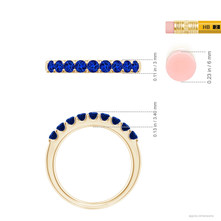 2.5mm AAAA Shared Prong Set Half Eternity Sapphire Wedding Band in Yellow Gold ruler