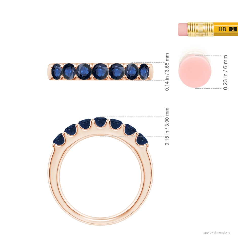3.1mm AA Shared Prong Set Half Eternity Sapphire Wedding Band in Rose Gold ruler