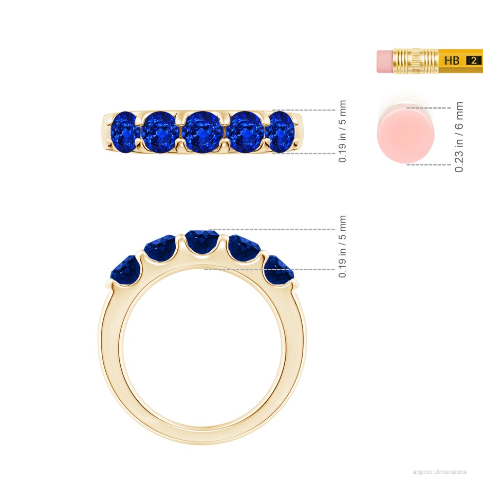 4.5mm AAAA Shared Prong Set Half Eternity Sapphire Wedding Band in Yellow Gold ruler